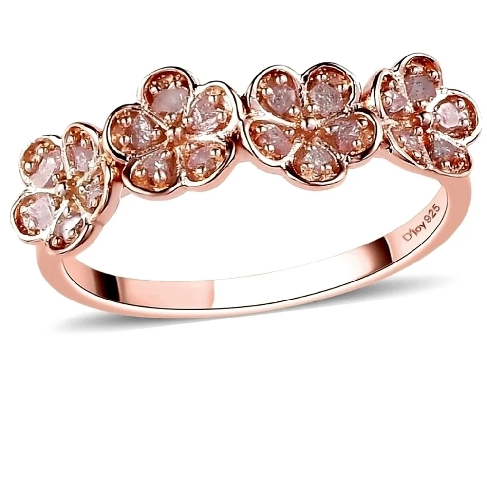 Pink Diamond Flower Ring Rose Gold Vermeil Sterling Silver
